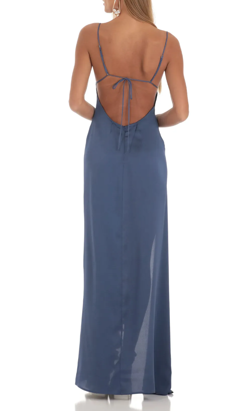 Satin Ruffle Maxi Dress in Blue